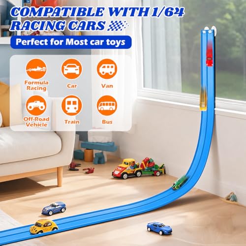 Image of Flexible Race Track Toys for Kids: 15 Ft Flex Race Car Ramp Track with Suction Cups - Rolls Up Portable DIY Racetrack Compatible with Diecast 1 /64th Cars Model - Birthday Gifts for Boys Girls Ages 3+