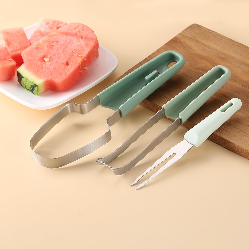 3-in-1 Watermelon Cutter, Slicer and Fork Tool Set, Papaya Dragonfruit Cantaloupe Melon Mango, Popsicle Mold, Green