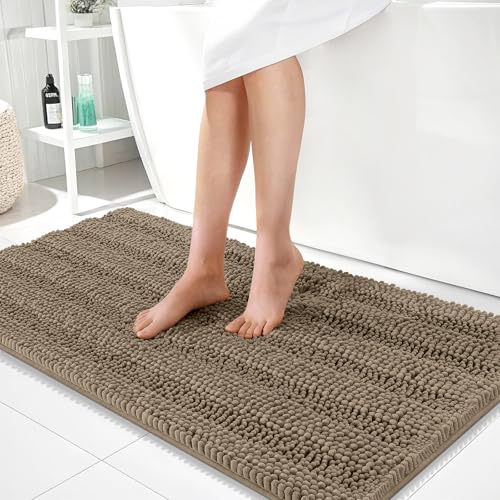 Image of OLANLY Thick Bathroom Runner Rugs 44x24, Extra Absorbent Chenille Striped Bath Rugs, Rubber Backing, Machine Wash Dry, Long Bath Mats for Bathroom Floor, Tub and Shower, Home Decor Accessories, Tan