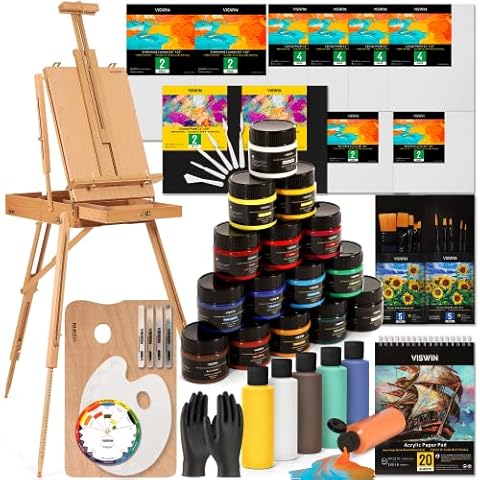 VISWIN Deluxe Acrylic Painting Set, Art Painting Kit with Upgraded French Easel, 15 Colors Acrylic Paints(3.38fl.oz/100ml), 8 Colors Pouring Paint Set(4fl.oz/120ml), for Adults, Beginners, and Artists Cover