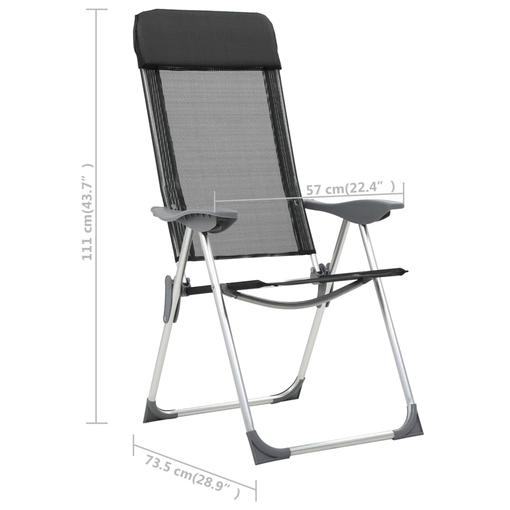 Składane krzesła kempingowe, 4 sztuki, z anodyzowanego aluminium, czarne krzesło składane meble kempingowe z tekstylenem, 5-stopniowa regulacja, wyściełany zagłówek, lekkie, przenośne, na