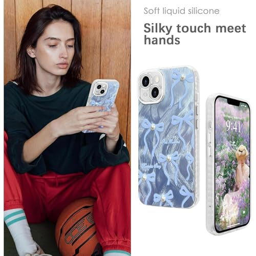Image of VONZEE Compatible with iPhone 15 6.1'' Case Luxury Pink Girly Cute 3D Bow Pearl Glitter Bling Case with Full Camera Protection Shockproof PC+TPU Glossy Shiny Cover for Girls Women, Blue