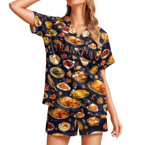 Image of Funny Pajamas for Women Set Print Satin Loungewear Pjs Short Sleeve Button Down Top and Shorts Sets Sleepwear XS-3XL