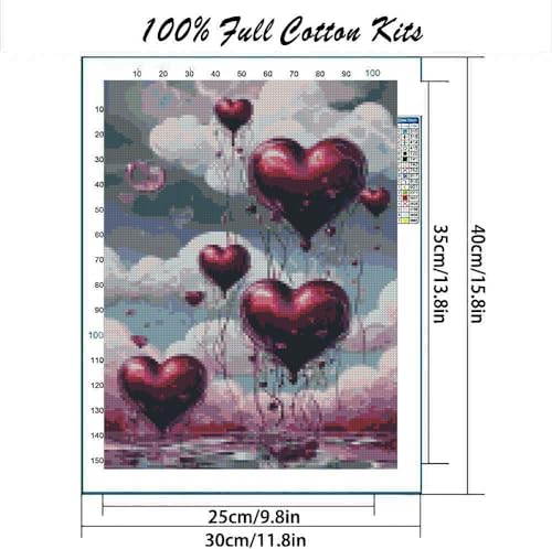 Image of MYBISYMQQ Romantic Heart Balloon Cross Stitch Kits for Adults Beginners - 11CT Stamped Love Heart Embroidery Kit, DIY Pre-Printed Needlepoint Patterns for Home Wall Art Decor, 15.7x11.8 Inches