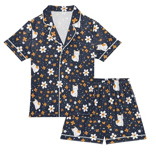 Cute Cat Floral Pajamas Set Summer Button Down Sleepwear Pjs Sets Comfy Loungewear