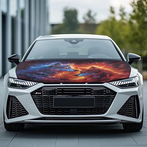 Image of Renewold Car Hood Cover Protector, Red Blue Flame Wolf Print, Hood Covers for Cars, Vehicle Hood Wrap Blanket, Women Men Automotive Exterior Accessories, Auto Decor for Outdoor Indoor