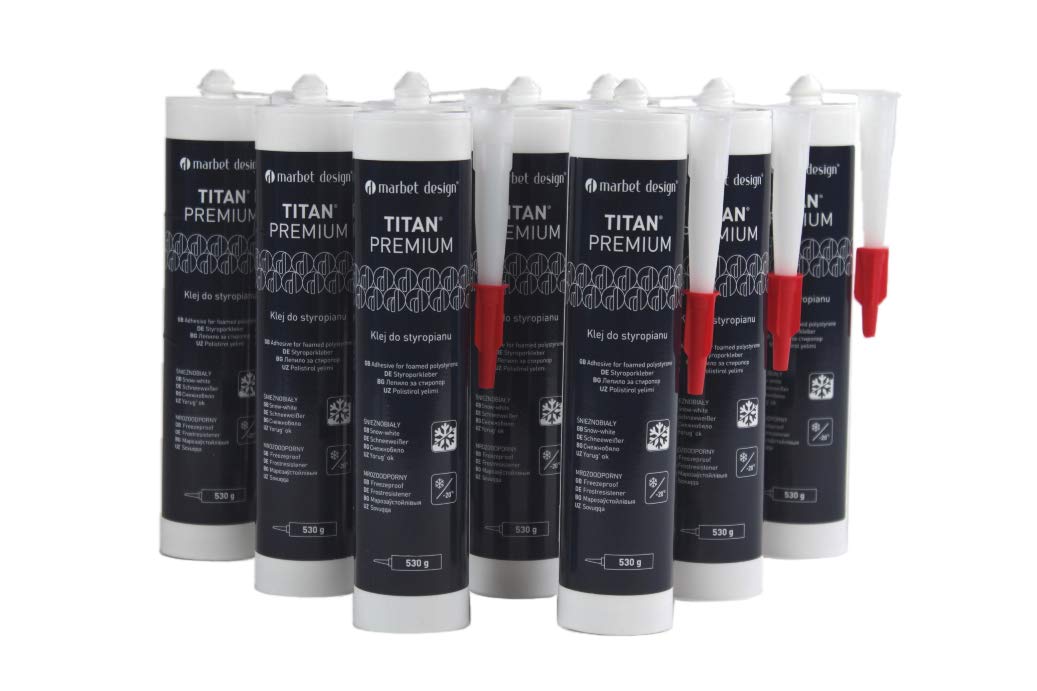 MARBET DESIGN Styroporkleber Baukleber, Innen für Stuckleisten, Deckenplatten, Zierleisten uvm. (9 Kartuschen Titan Premium) Kleber Klebstoff leichte Leisten Styropor