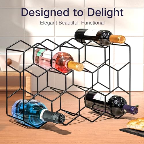 ليند رف مشروبات لسطح الطاولة - 14 زجاجة قائم بذاته عصري معدني اسود صغير - حامل مشروبات لسطح الطاولة من 3 طبقات للخزانة والمخزن وتخزين زجاجات النبيذ - لا يتطلب التجميع