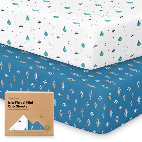 Image of Pack and Play Sheets Fitted - 2-Pack Mini Crib Sheets for Pack N Play Mattress 38x26, Soft & Cozy, Neutral Toddler Playard Bedding, Snug Fitted Mini Baby Crib Mattress Cover Boy, Girl (Space Quest)