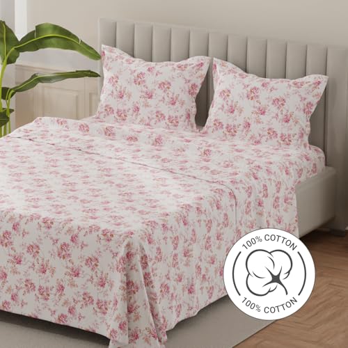 Image of Layers 100% Cotton Bedsheet for King Size Bed | Lumina Floret Collection | 144 TC Soft & Breathable | Printed with 2 Pillow Covers | Wrinkle Free & Colorfast | 3 Piece Bedding Set - Pink & White