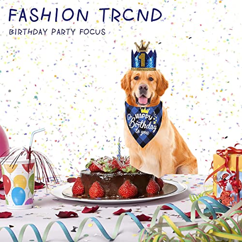 Krone Hund Geburtstagsmütze, 4 Stück, niedlicher Hunde-Geburtstagsmütze und Bandana mit Hundefliege und goldenen Zahlen, wiederverwendbar für Haustiere Welpen Katzen kleine mittelgroße Hunde (blau)