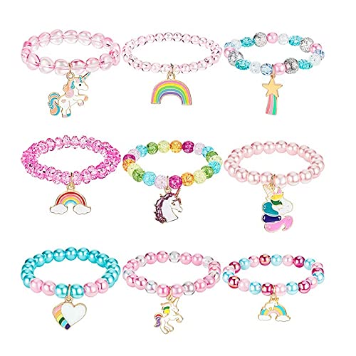 Miss-shop Bunte Einhorn Armband,Mädchen Einhorn Armbänder 9 Stück Regenbogen Einhorn Perlen Armband Einhorn Freundschaft Armbänder für Geburtstagsfeier Gefälligkeiten Cover