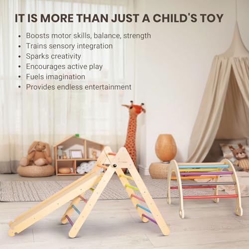 Rinnebbit Pikler Triangle Set, Large 5 in 1 Foldable Wooden Rainbow Montessori Climbing Set with Climbing Wall, Ramp, Arch, Rocker, Indoor Outdoor Playground Toys for Kids 2-12 Years (Rainbow)