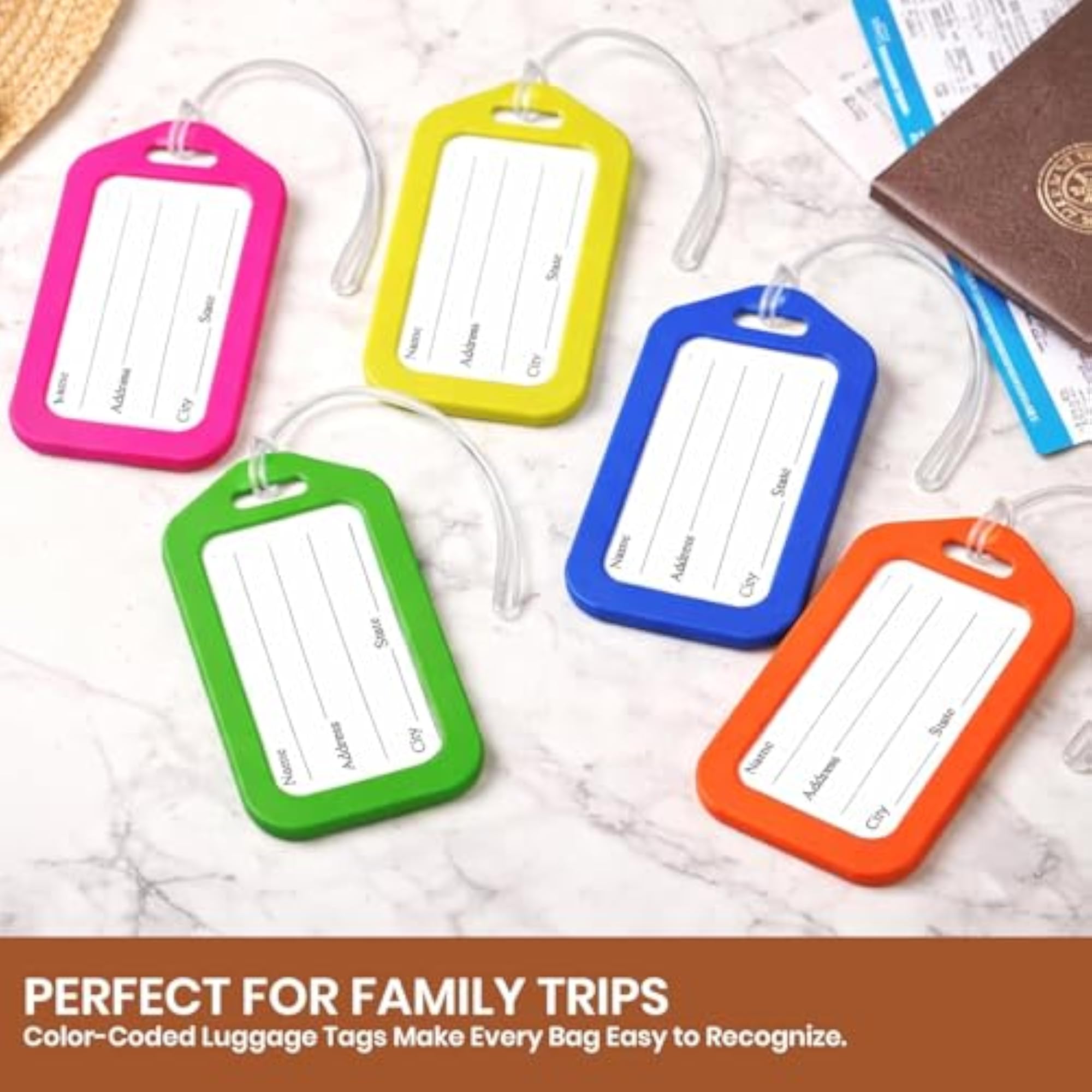 Pack of 50 Bright Neon Luggage Tags, Durable Plastic