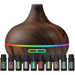 Ultimate Aromatherapy Diffuser & Essential Oil Set – Ultrasonic Diffuser & Top 10 Essential Oils – 300ml Diffuser with 4 Timer & 7 Ambient Light Settings – Therapeutic Grade Essential Oils Dark Oak