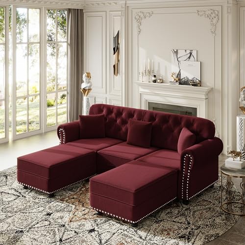 Image of KEIKI 83 inch Velvet Chesterfield Sofa with Rolled Arms & Nailhead Trim & 2 Ottoman, Modern 3-Seater Button Tufted Couch with High Resilience Cushion & 3 Pillow, Easy Assembly, for Living Room, Burgundy