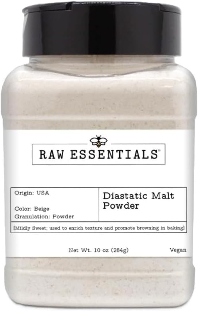 Raw Essentials Diastatic Malt Powder - Baking Secret Used by Professional Bakers - Improve The Taste and Texture of Your Baked Goods - Vegan - 10 Ounce Bottle