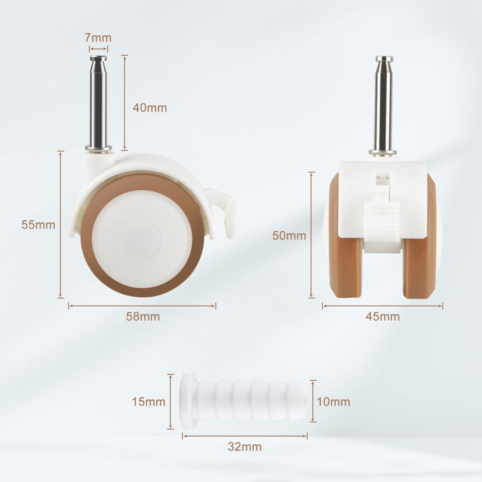 DBREAKS Roulettes pour meubles d'enfants, 4 roulettes doubles avec goupille de manchon de 7 mm, avec frein, adaptées au lit de bébé (blanc)