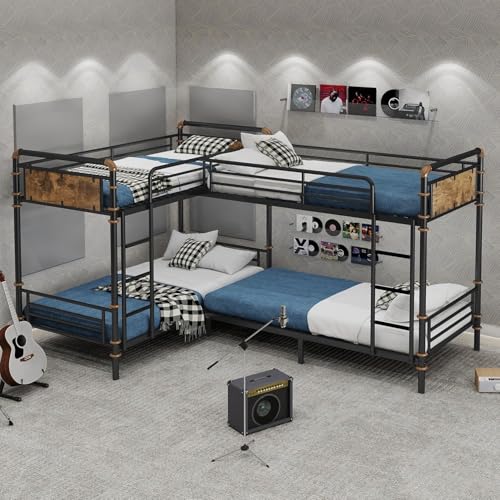 Duxelifin Quad Bunk Bed for 4 Metal L-Shaped Bunk Bed Frame Industrial Twin 4 Bunk Beds for Kids Detachable 4 Bunk Beds with Comfort Rungs for Teens Girls BoysBlack