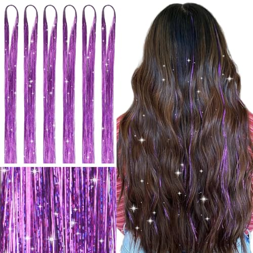 Image of WENNALIFE Hair Tinsel for Girls, Light Purple Fairy Hair Tinsel Kit 1200 Strands 6PCS 48 Inch Heat Resistant Glitter Hair Extensions Kit Christmas Feathers Sparkle Strands Tinsel Party Festival