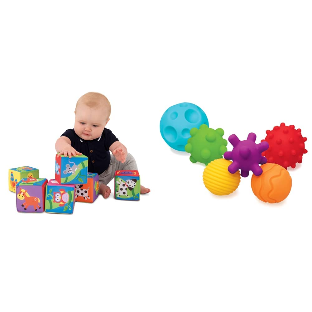 Galt Toys, Soft Blocks, Stacking Toy, Ages 6 Months Plus & INFANTINO Textured Multi Ball Set - Textured Ball Set Toy for Sensory Exploration and Engagement, Ages 6 Months And Up