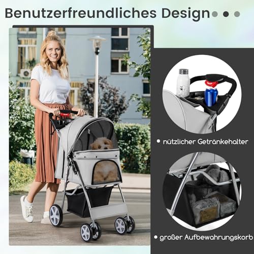 COSTWAY Hundewagen Haustiere Buggy, bis 15 kg, Hundebuggy mit Netzfenstern & Getränkehalter & Korb & Sonnenschutz, Faltbarer Katzenwagen, Katzenbuggy für kleine Hunde Katzen (Grau)