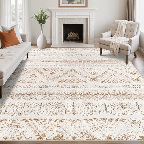 Image of Area Rug Living Room Carpet: 8x10 Large Moroccan Soft Fluffy Geometric Washable Bedroom Rugs Dining Room Home Office Nursery Low Pile Decor Under Kitchen Table Light Brown/Ivory