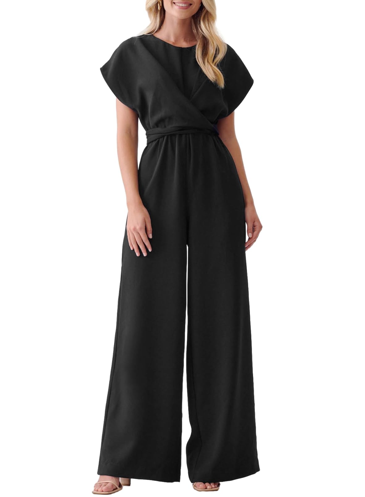 Happy SailedWomen Jumpsuits Dressy Short Sleeve Front Crisscross Tie Waist Belted Wide Leg Pant Romper with Pockets