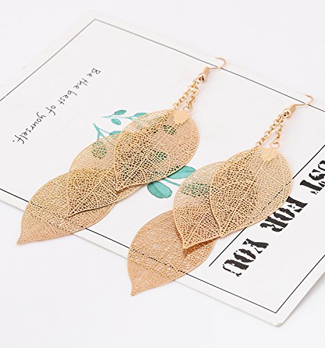 Filigree Copper Leaf Earrings Fashion Style Leaf Shape Dangle Earring Long Teardrop Dangle Drop Earrings For Women Girls (Gold) #TOP5