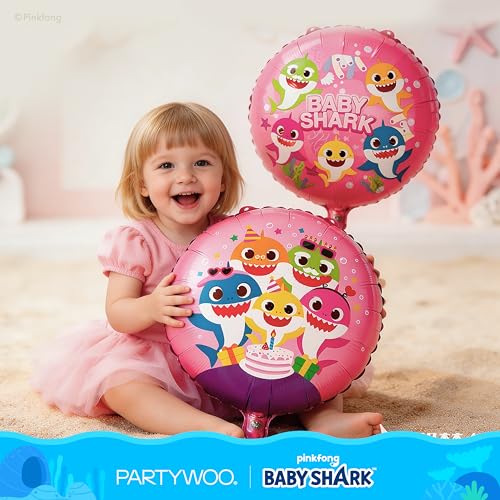 Image of PartyWoo Baby Shark Pink Foil Number 1 Balloon 5pcs 40 18 Inch Pink Round Star Mylar Helium Birthday Balloons for Boys and Girls Baby Shark Under the Sea Ocean Kids First Birthday Party Decorations