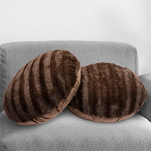Cheer Collection Faux Fur Pillows - Decorative Round Throw Pillows for Couch & Bed - Machine Washable - 18" - Chocolate (Set of 2)