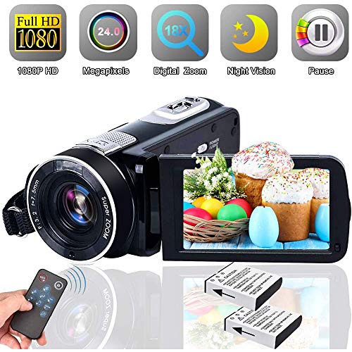Videocamera Videocamera [aggiornamento 2019], Weton Digital Videocamera con visione notturna IR 18 X Zoom digitale 24.0Mega Pixel Videocamera 1080P Full HD Videocamera Recorder (due batterie incluse)