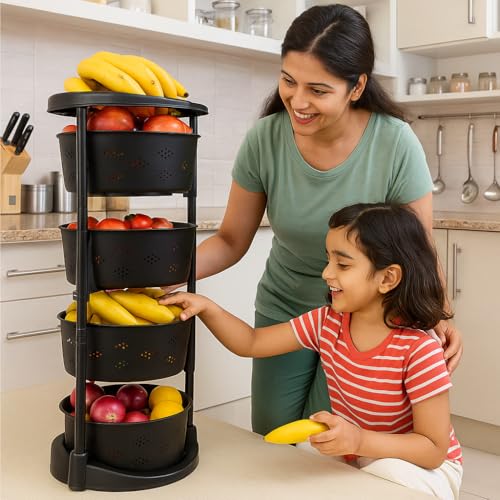 Image of JD FRESH 5 Layer ABS Rotating Kitchen Trolley with 360 Rotating Wheels /Multipurpose /Kitchen Storage Rack for Home /Onion Potato Storage Rack /Vegetable Basket Stand /Fruits Basket for Kitchen (Black)