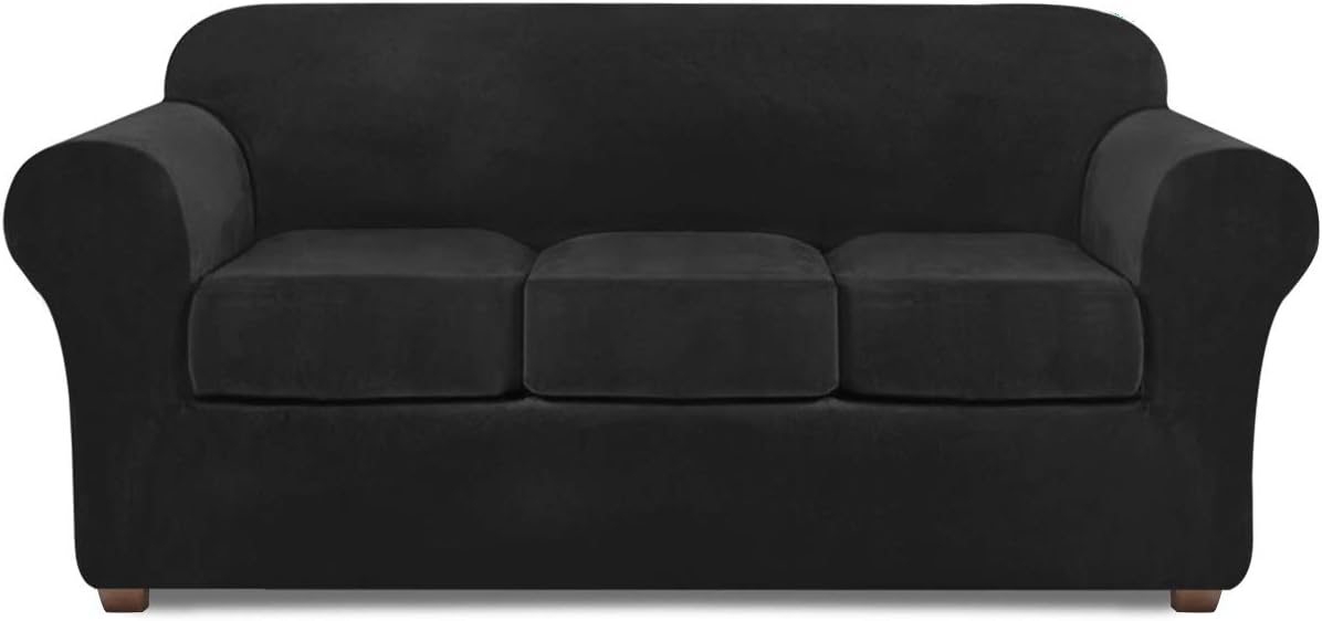 Velvet Couch Covers for 3 Cushion Couch Sofa Slipcover Velvet Plush Stretch Sofa Slipcover 4 Piece Sofa Covers for 3 Cushion Couch Covers Stretch Sofa Covers for Living Room Furniture Covers (Black)