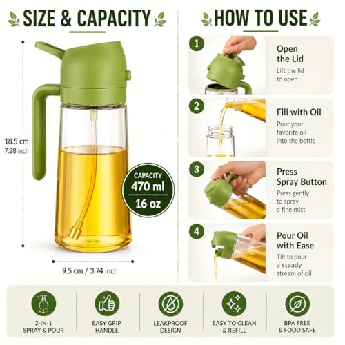 Image of 2-in-1 500ml Glass Oil Dispenser & Spray Bottle | Oil & Vinegar Sprayer for Cooking, Air Fryer, Salad & Kitchen Use | Leakproof, Refillable, Green (Green)