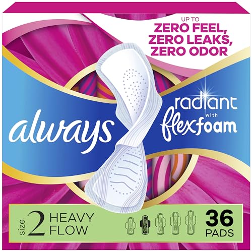 Always Radiant Feminine Pads for Women, Flexfoam Pads with Wings, Size 2, Heavy Absorbency, Lightly...