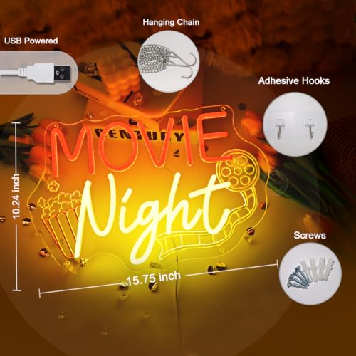 Image of Britrio Movie Night Neon Sign for Home Theater Man Cave Business Wall Light | LED Movie Time Neon Light Cinema Room Game Room Decor Film Lover Gift Party Backdrop Wall Art 5V USB with Dimmer 15.75 inch