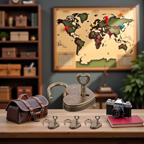 Image of 4 Pcs Lock Antique Brass Padlock with Key, Vintage Heart Shape Anti-Theft Mini Padlock Bag Travel Suitcase Luggage Box Case Key Keyed Padlocks Padlocks Hasps