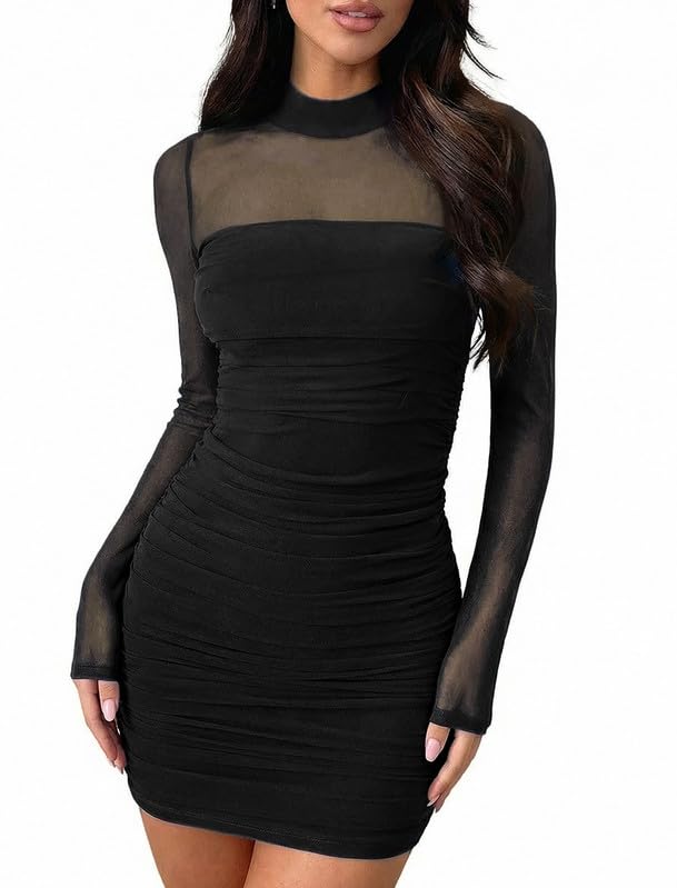 Vestito Donna Elegante Maniche Lunghe Collo Alto Sexy Mini Abito a Rete Trasparente Casual Vestito Corto Autunno Inverno Tubino Aderente con Arricciatura per Festa Discoteca Sera Cocktail