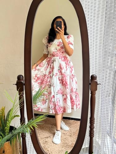 Image of Women's Rayon Floral Printed Midi Dress Short One Piece | Casual Wear