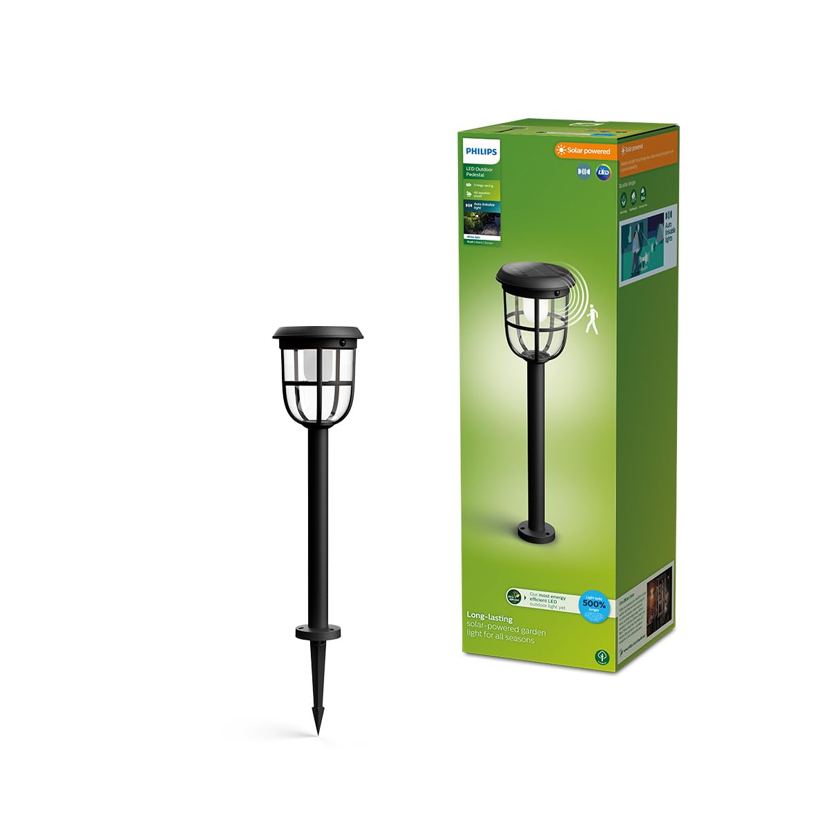 Philips Outdoor Ultra-Efficient Solar Radii Sockelleuchte Spiess 1.3W, Linkable Sensor, 3000 Kelvin, schwarz, 175 mm