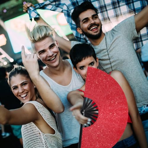 Image of Vercraft 13'' Large Rave Fan for Women Rave Accessories Festival Outfits Glitter Hand Folding Clack Fan for Line Dancing EDM Music Festival Outfits(Red)
