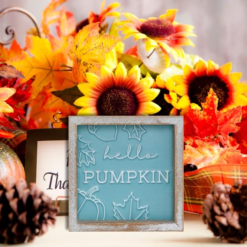 Image of Embossed Hello Pumpkin Sign, Rustic Fall Decorations for Home, Thanksgiving Centerpieces for Table Cubicle Desk Mantel Fireplace, Autumn Tiered Tray Decor