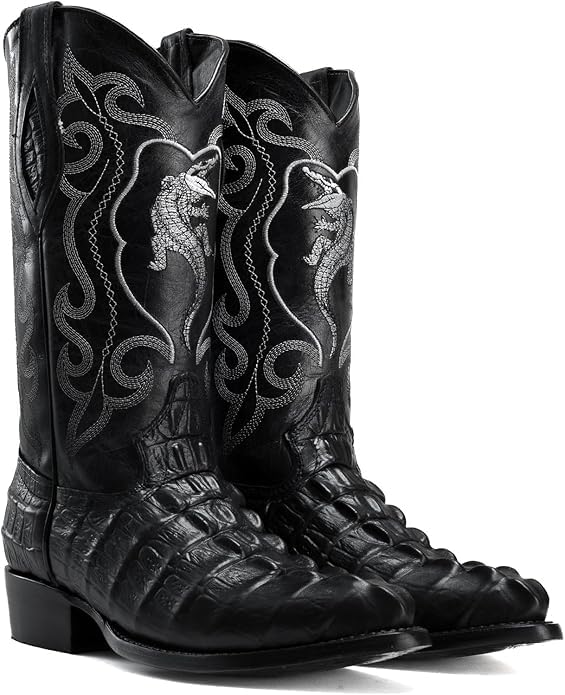Men’s Genuine Leather Exotic Caiman Alligator Skin Print J-Toe Cowboy Western Boots - Black (Black, US Footwear Size System, Adult, Men, Numeric, Medium, 13)