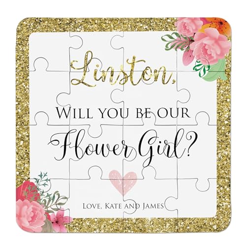 XOXOKristen Custom Personalized Will you be our Flower Girl Proposal Puzzle with faux printed Gold Glitter and Pink Blush Flowers