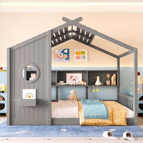 Image of Full Size Floor House Bed with Roof and Window for Kids, Wooden Playhouse Bed with Storage Shelves for Bedroom Furniture Girls & Boys (Gray /L1, Full)
