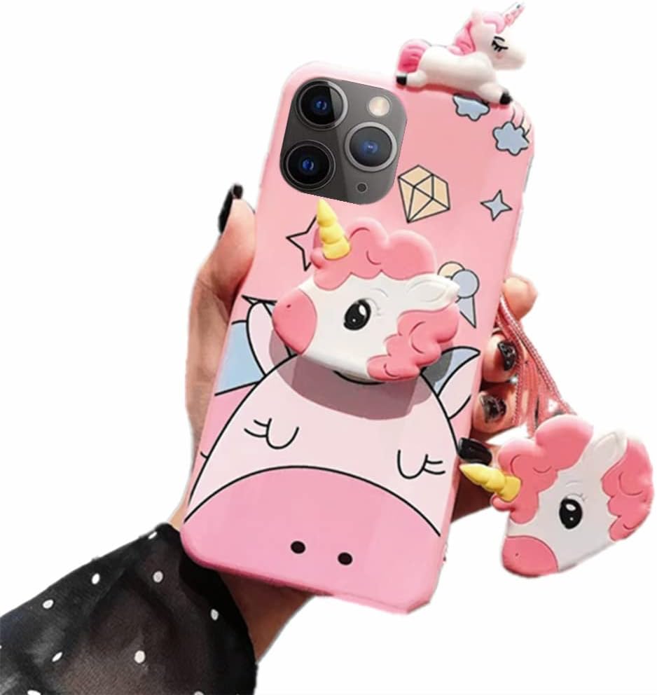 Unicorn Case for iPhone 11 Pro 5.8”, 3D Cartoon Design Cute Elastic Kickstand Protective Case, iPhone 11 Pro Case with String Rope, Kawaii Fashion for Kids Child Teens Girls Women (Unicorn)