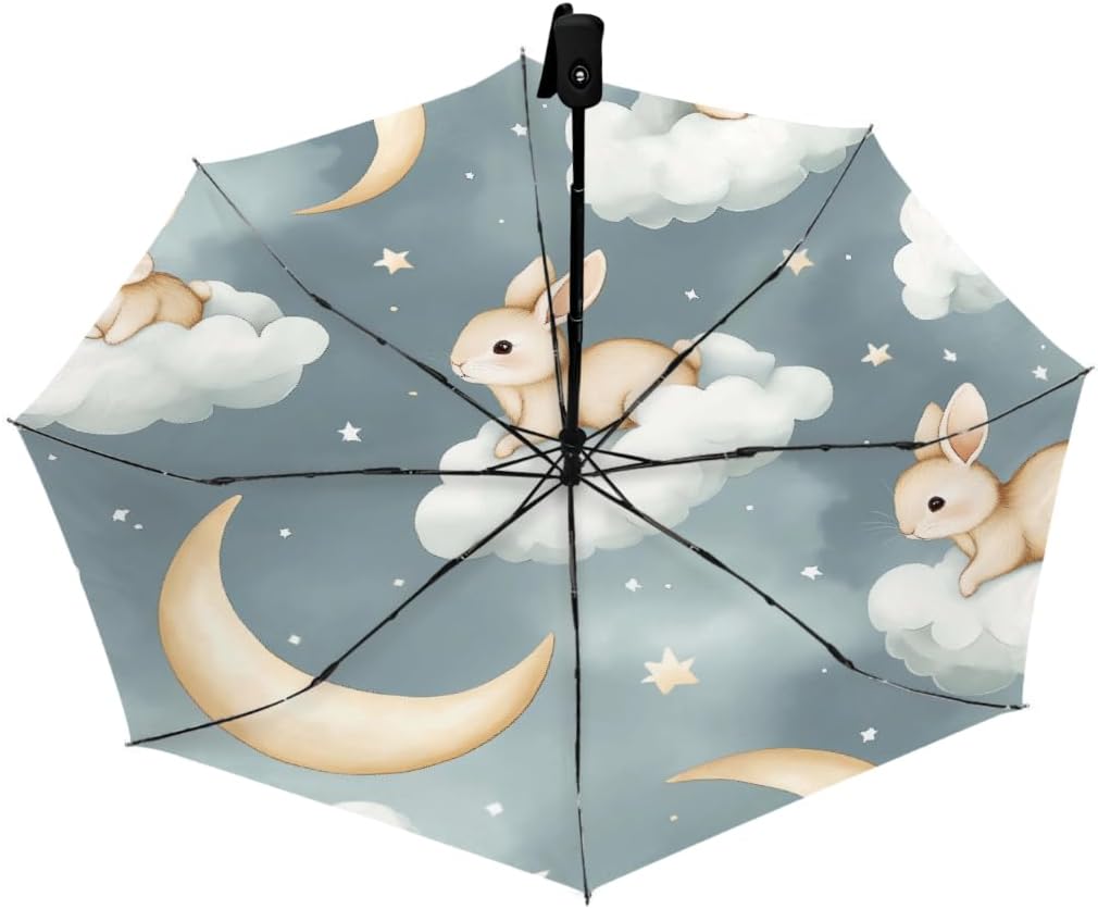 Cartoon Rabbits Clouds Moon Folding Umbrella Windproof Compact Lightweight Travel Umbrella with 8 Reinforced Ribs, Portable UV Sun & Rain Protection for Men & Women