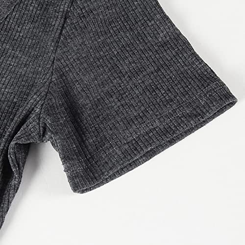 Roselux Women Short Sleeve Scoop Neck Ribbed Fitted Knit Shirt Basic Tight T-Shirts(3857,Dark Grey-M) #TOP4