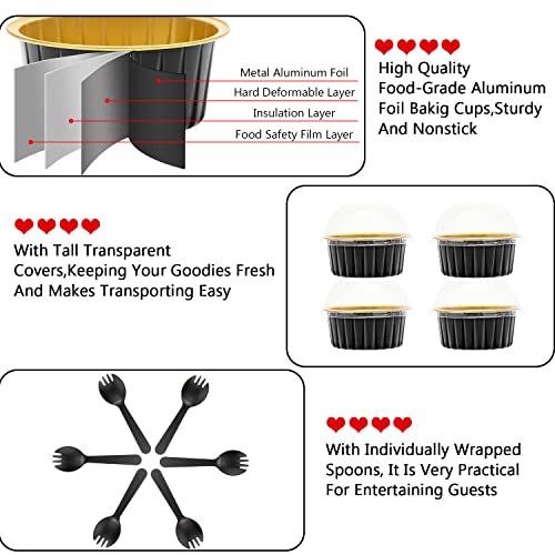 5Oz Foil Ramekins With Lids 50 Pack,Free-Air Aluminum Foil Cupcake Liners Muffin Cups,Disposable Muffin Tins Jumbo Cupcake Baking Cups Muffin Pans For Custard Creme Brulee,With 50 Spoons-Black #TOP3
